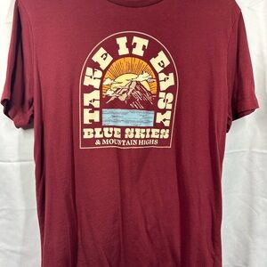 Old Navy Maroon Graphic Tee with Blue and Yellow Scenic Print